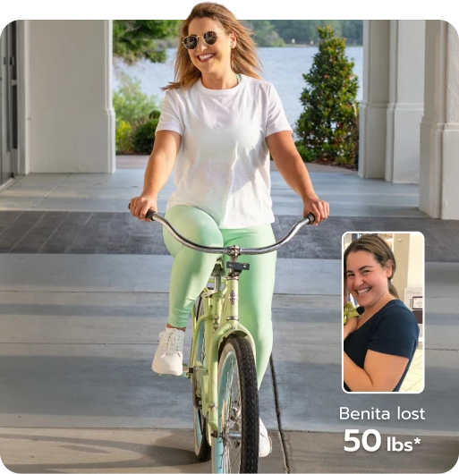 Benita riding a bike. Benita lost 50 pounds*