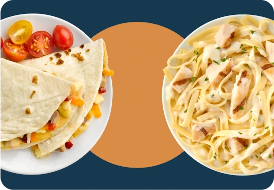 quesadilla and chicken pasta