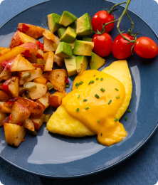 omelet, potatoes, avocado, tomoatoes